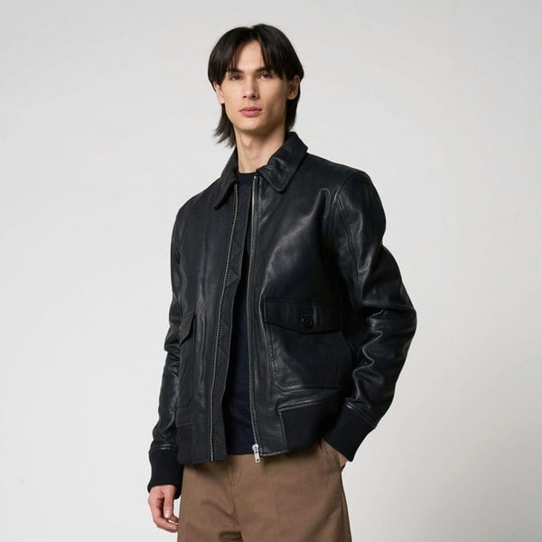 Barneys Originals Men's Goat Leather Patch Pocket Bomber Jacket