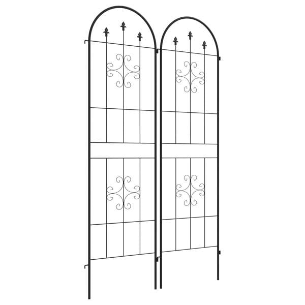 Set of two black metal arched garden trellis panels with scrollwork and central grid