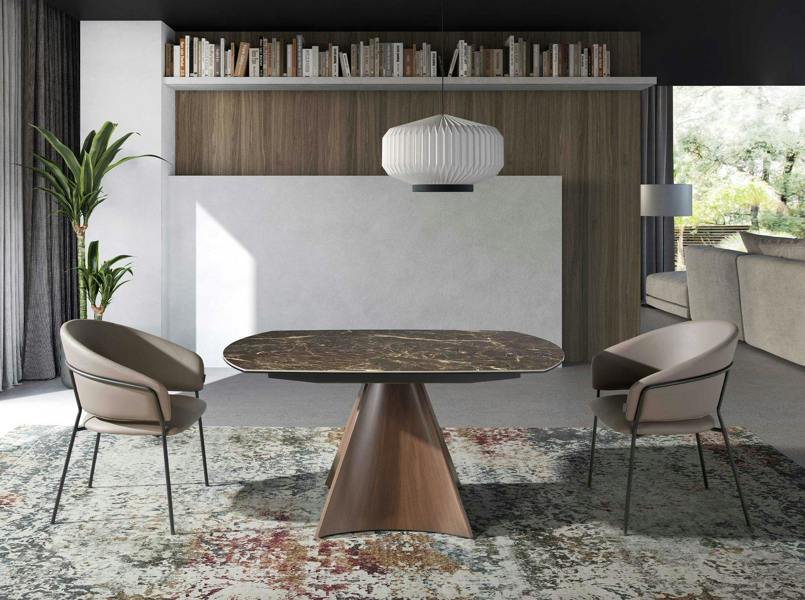 Angel Cerdá Oval Barrel porcelain marble and walnut effect steel extending dining table 1113