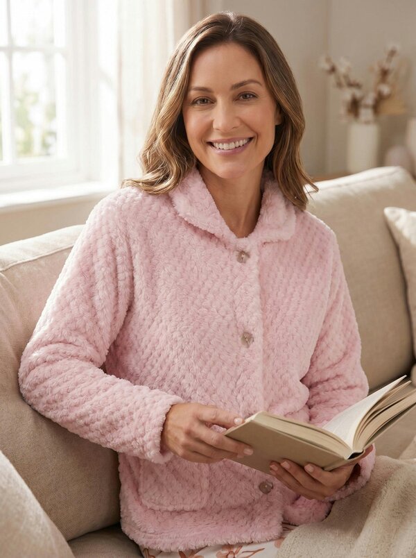 Camille Womens Supersoft Popcorn Textured Fleece Button Up Bed Jacket