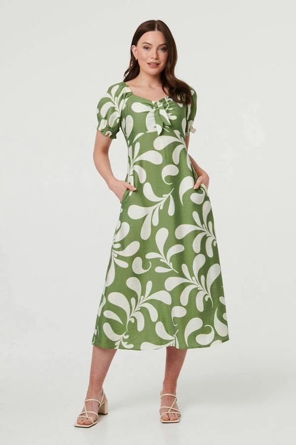 Green | Abstract Puff Sleeve Tie Neck Midi Dress