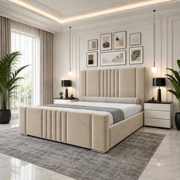 Paradise Beds Luxury Panel Upholstered Bed Frame with Tall Headboard and Mattress