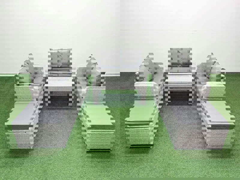 Fimous  8 Seater PE Wicker Rattan Furniture Sofa Sets with Oblong Coffee Table 2 Seater Love Sofa 2 Big Footstool Light Grey