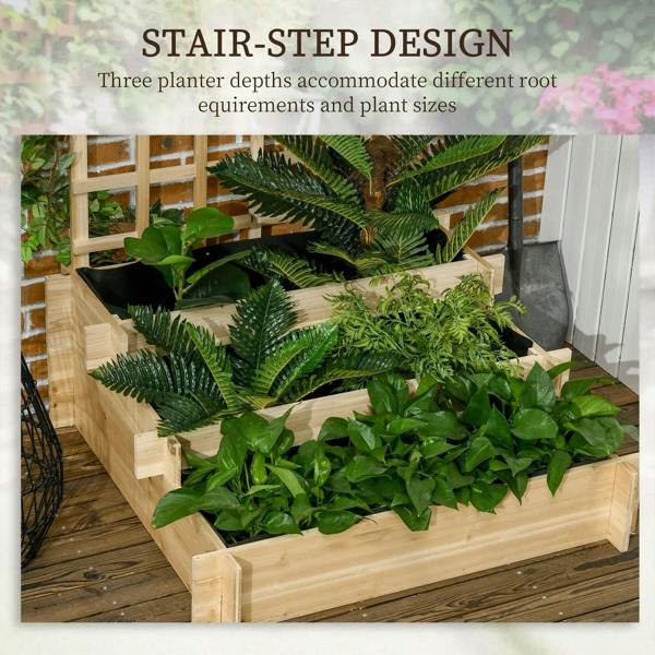 Natural wood 3-tier raised planter with trellis, three levels filled with plants