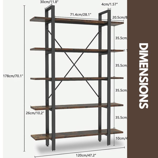 Rafaelo Mobilia Industrial 5 Tier Walnut Brown Bookcase