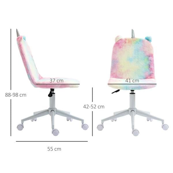 Rainbow unicorn office chair, mid-back plush seat, white swivel base and casters