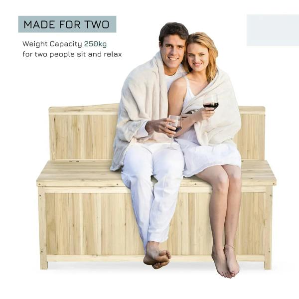 Natural wood patio storage bench with slatted back for two people