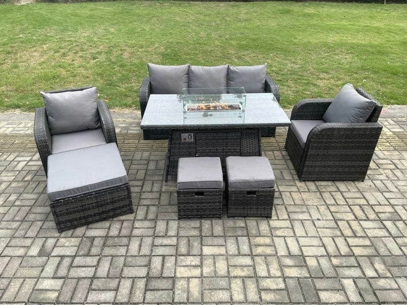 Fimous Wicker Rattan Garden Furniture Sofa Set Gas Fire Pit Dining Table Indoor Outdoor with Chair 3 Footstools
