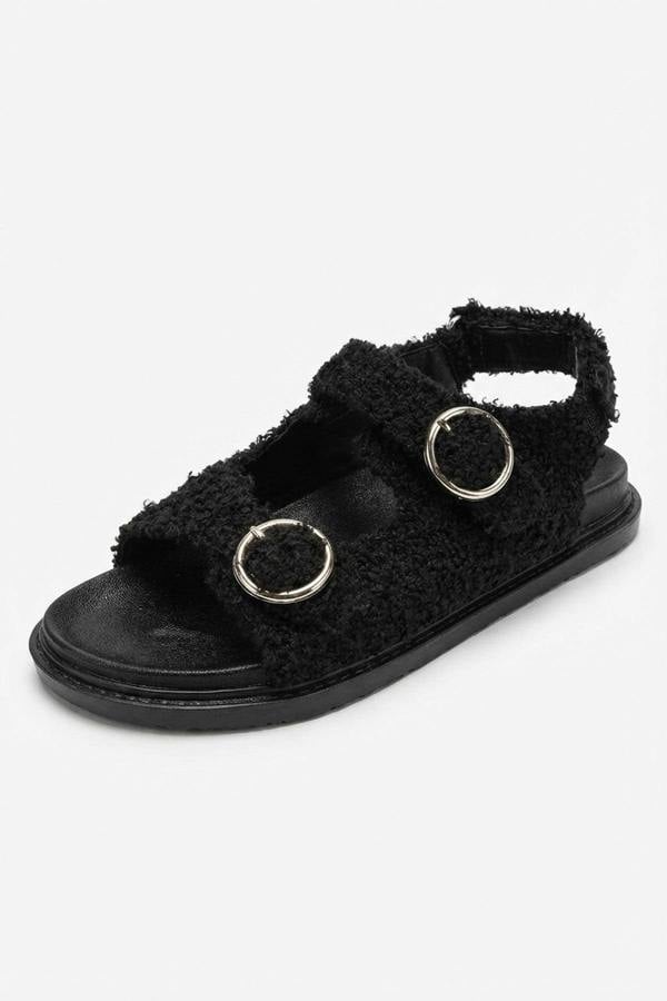 Zahra Faux Fur Double Buckle Sliders - Black_wb