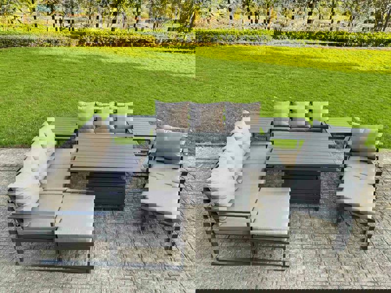 Fimous 9 Seater Aluminium Garden Furniture Set with Adjustable Rising Dining Table, 2 Footstools, 2 Side Tables - Dark Grey