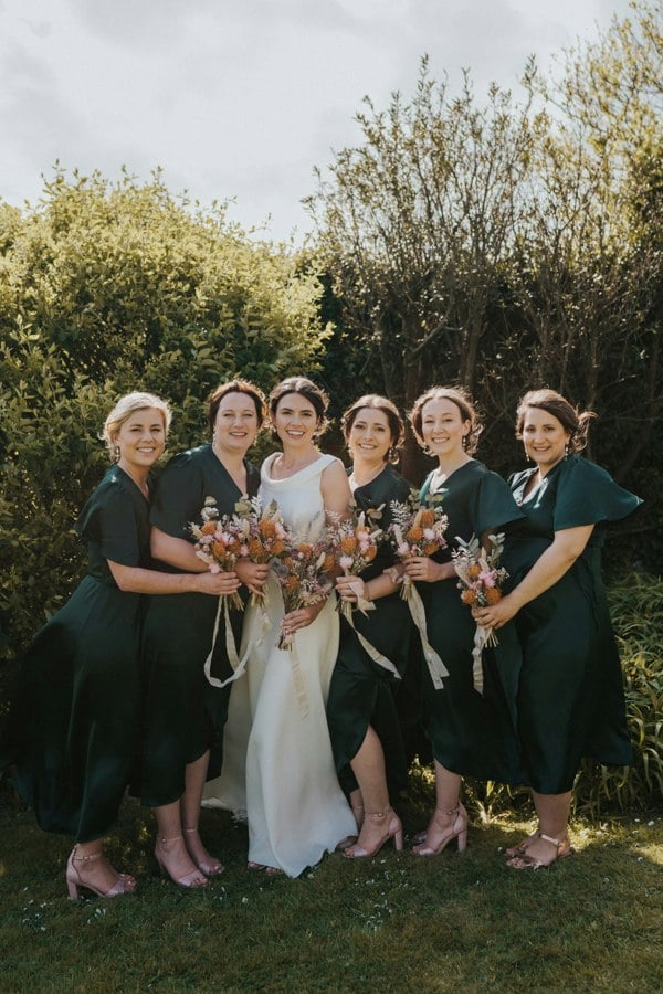 Rewritten London Florence Waterfall Dress in Forest Green Satin