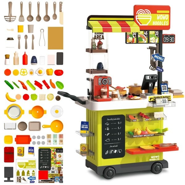 deAO Toys Kids Play Kitchen Fried Chicken Shop Pretend Food Truck with Lights