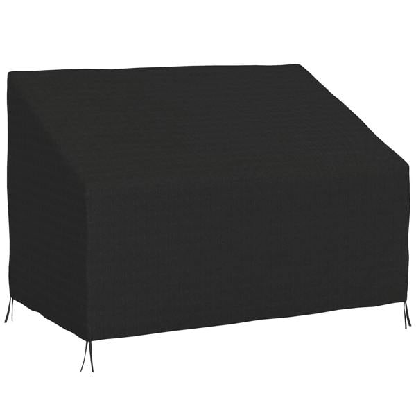 Black 2-seater sofa cover with fitted drape and drawstring ties at the corners