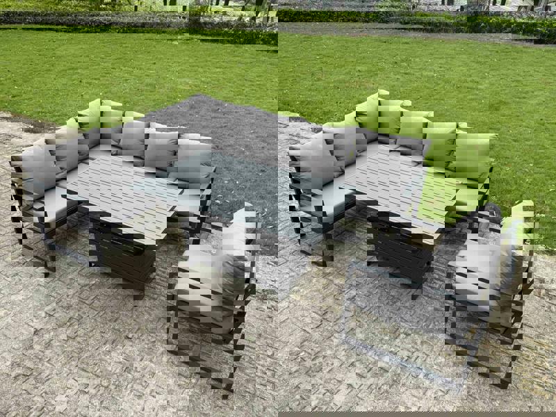 Fimous 7 Seater Aluminium Garden Furniture Set with Adjustable Rising Dining Table,  Corner Sofa - Dark Grey
