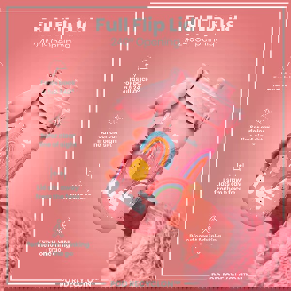 A pink children's water bottle, with a rainbow design, is being held; its full flip lid allows for a 240° opening. The bottle is shown against a pink background.