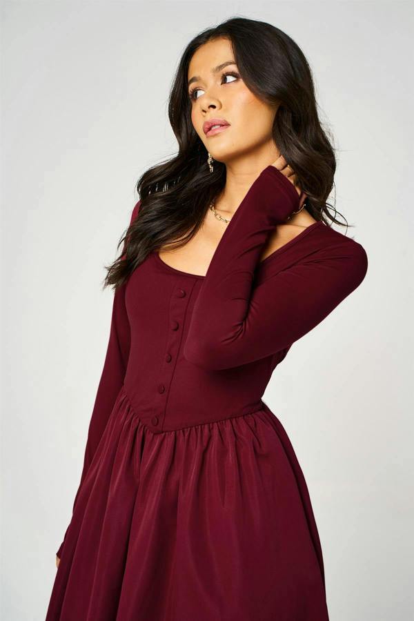 FS Collection Burgundy Square Neck Button-Front Long Sleeve Midi Dress