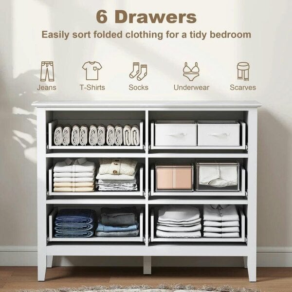 Fluted Dresser, 6 Drawer Chest of Drawers for Bedroom, Living Room, Hallway, Closet, White