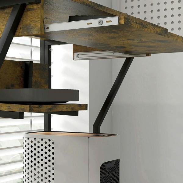 Multi-storage work desk with sliding keyboard tray, underside rail hardware and support legs
