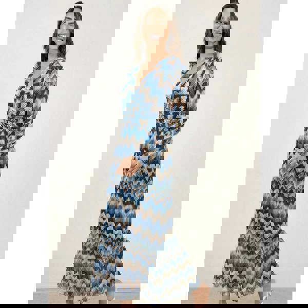 Blue Vanilla Pleated Zig Zag Print Dress