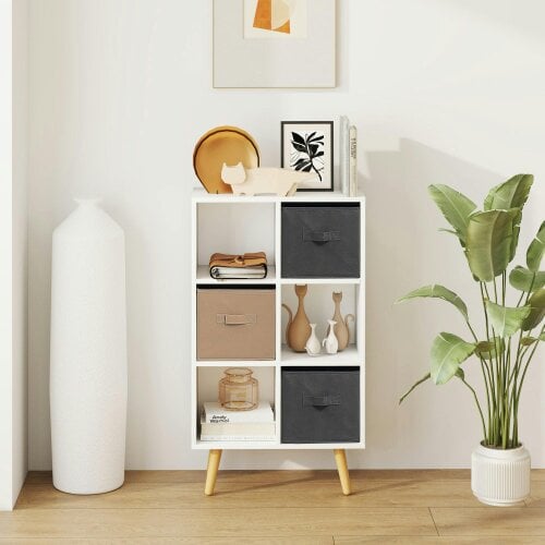 Wyld Haus Nadiro Wooden White 6 Cube Storage Unit With 3 Fabric Drawers And OFauxn Shelves