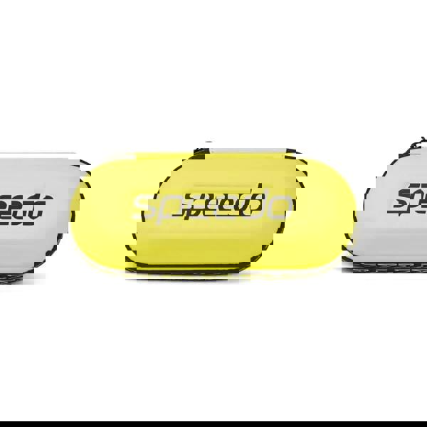 Yellow Speedo goggle storage case with black zipper and logo