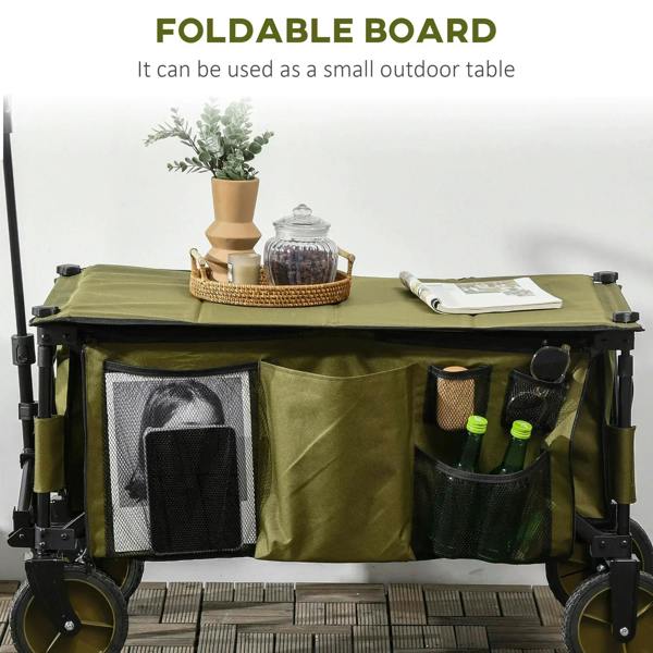 Green folding trolley with foldable board top and front mesh storage pockets
