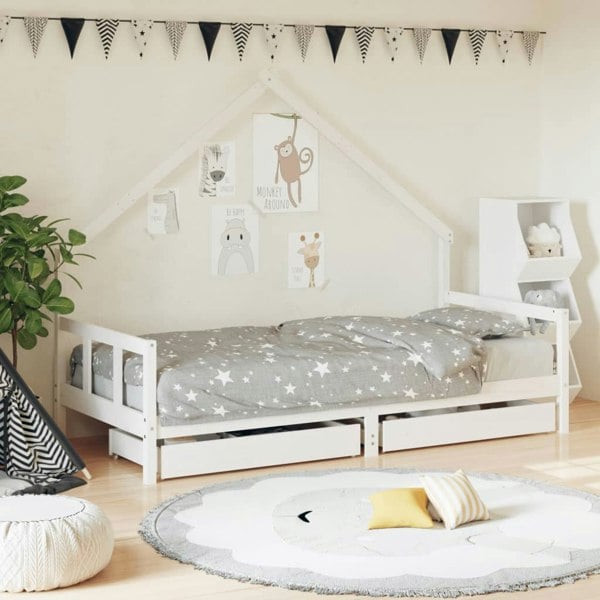 Berkfield Kids Bed Frame with Drawers White 90x200 cm Solid Wood Pine