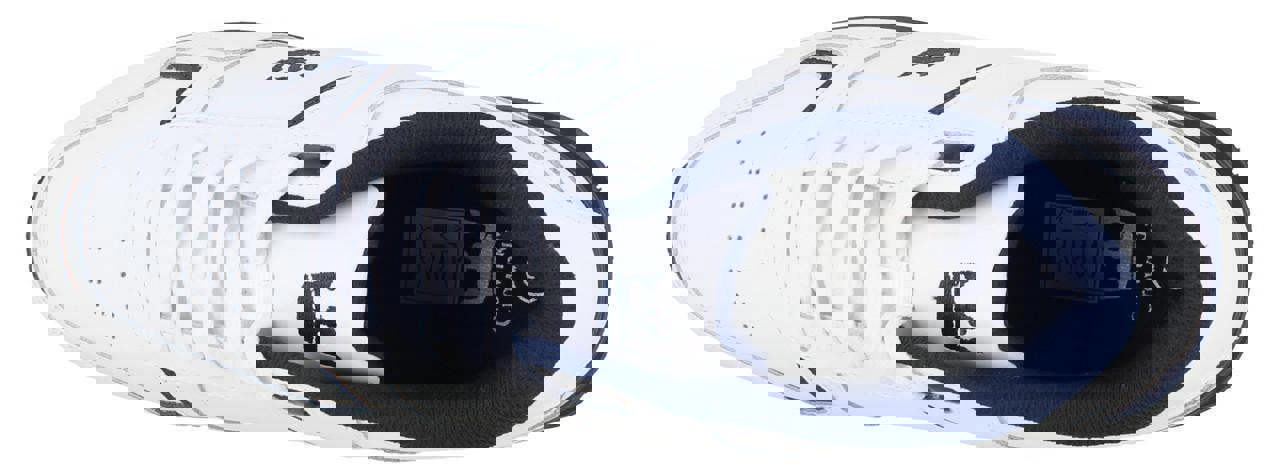 Crown King Mens/Womens Leather Lace Up/Touch Fasten Crown Green Bowls Sports Shoes Trainers, top view of a white and navy blue sports shoe with lace-up and touch fasten features.