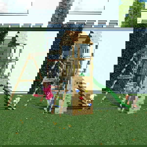 Climbing frame Sky High Hideout featuring double swing, slide and climbing wall - Best Shed