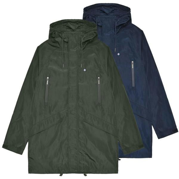 Lambretta Heaton Mens Shower-Resistant Mod Ska Hooded Lightweight Jacket Coat, two color options including green and navy blue with zippered pockets and adjustable hood.