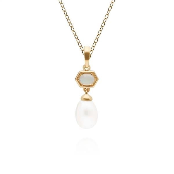 270P030601925 Modern Pearl & Opal Hexagon Drop Pendant in Gold Plated Silver 1