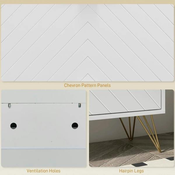 White chevron panel doors with ventilation holes and gold hairpin legs