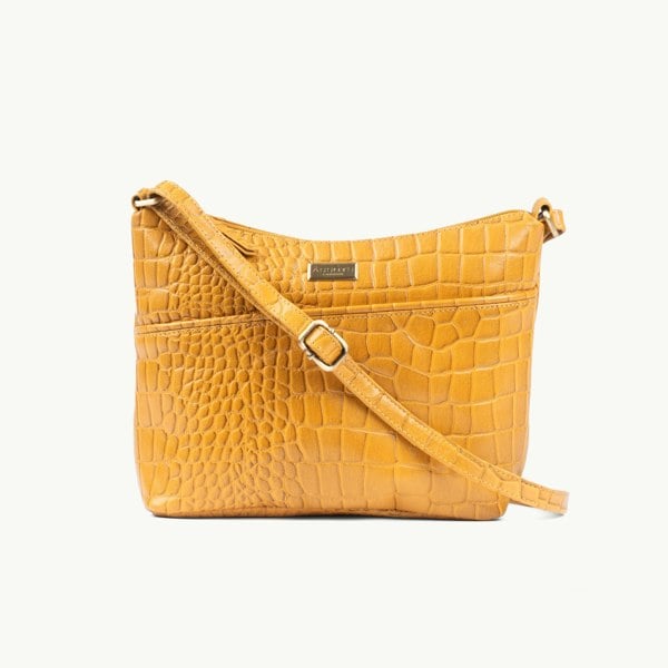 Assots London 'CAROL' Mustard Croc Real Leather Designer Crossbody Shoulder Bag