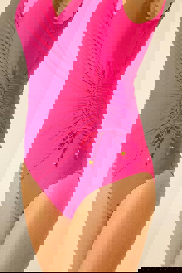 Pink Side Gather Swimsuit Closeup Side