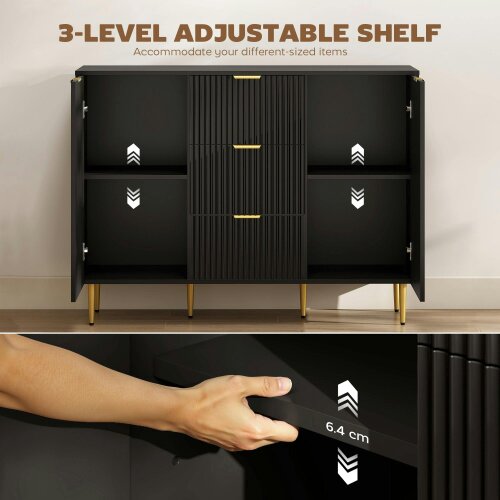 Wyld Haus Surara Baro Black Ribbed 2 Door Sideboard 3 Drawers 2 Shelves Gold Accents