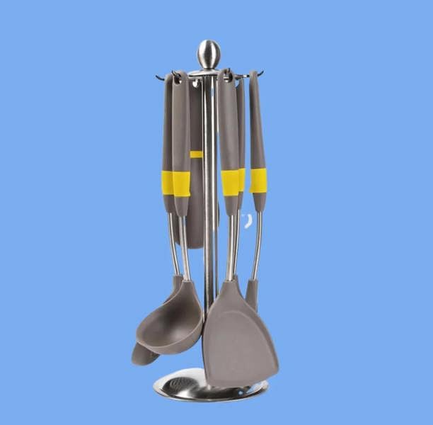 Anygleam 7-Piece Cooking Utensil Set (Grey) – Heat-resistant tools with rice spatula and storage, safe and ideal for nonstick cookware use.