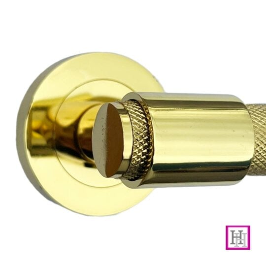 EDH Door Hardware Knurled Door Handles Polished Brass Loop & Neck On Round Rose Lach Handle