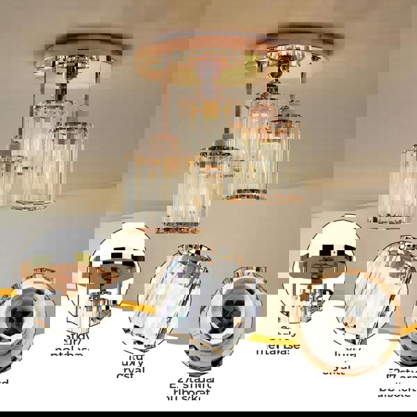 Emitto Crystal Ceiling Light 3 Light E27 Chandelier Semi Flush Mount Lamp Gold