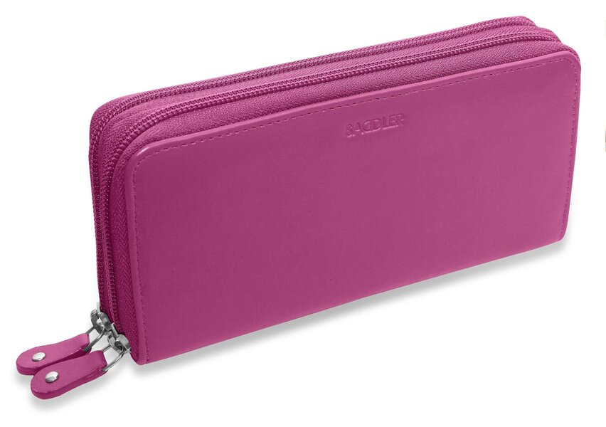 SADDLER GABRIELLA Leather Double Zip Around Purse - 8 Card Slots, Phone Pocket, and Coin Purse - RFID Protected - Magenta