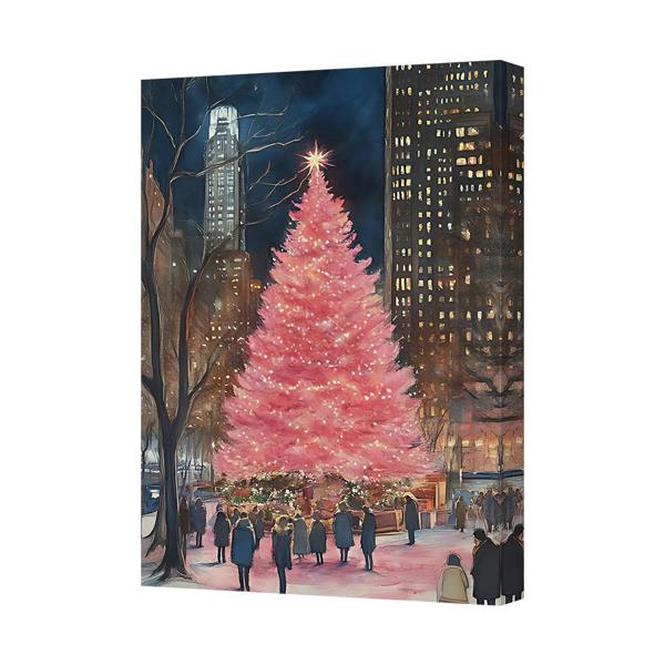 Benjamin Tate Design Pink Christmas Tree Canvas Art Print With City Lights Scene