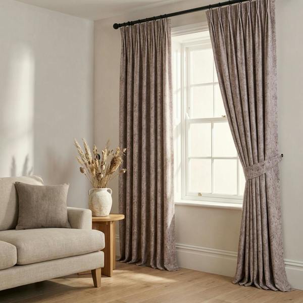 Lille made-to-measure curtains in Heather, styled in a living room