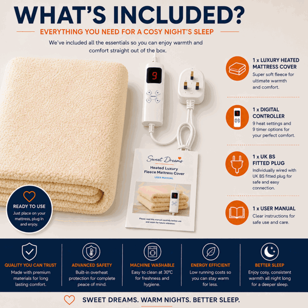 Sweet Dreams Single Size Electric Heated Blanket Mattress Soft Fleece Throw 9 Heat And 9 Timer Settings Dual Controller Washable