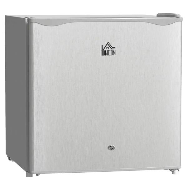 Grey lockable countertop fridge with white door and HOMCOM logo, top carry handle