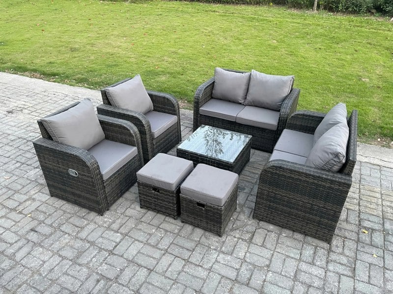 Fimous Garden Furniture Set Rattan Outdoor Lounge Sofa Chair With Tempered Glass Table 2 Small Footstools Dark Grey Mixed