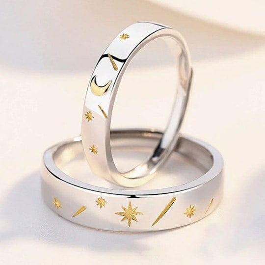 The Colourful Aura Adjustable Silver Couple Sun Star Promise Ring Set