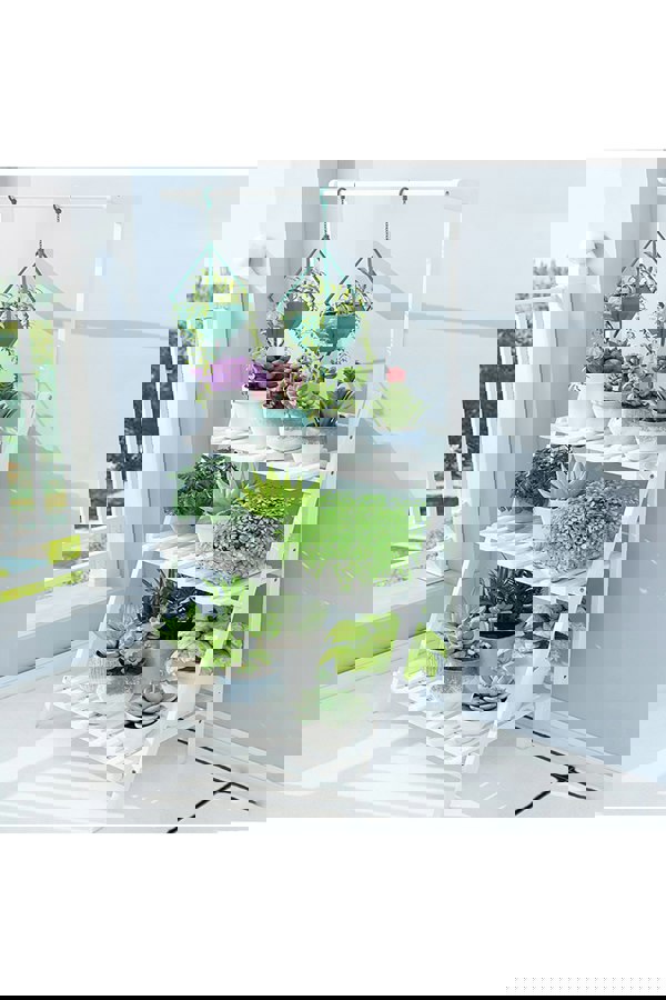 Living and Home 3-Tier Foldable Wooden Ladder Shelf with Hanging Rod