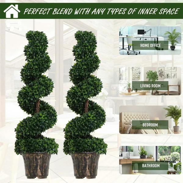 Set of 2 potted artificial spiral plants with dense green leaves in brown pots