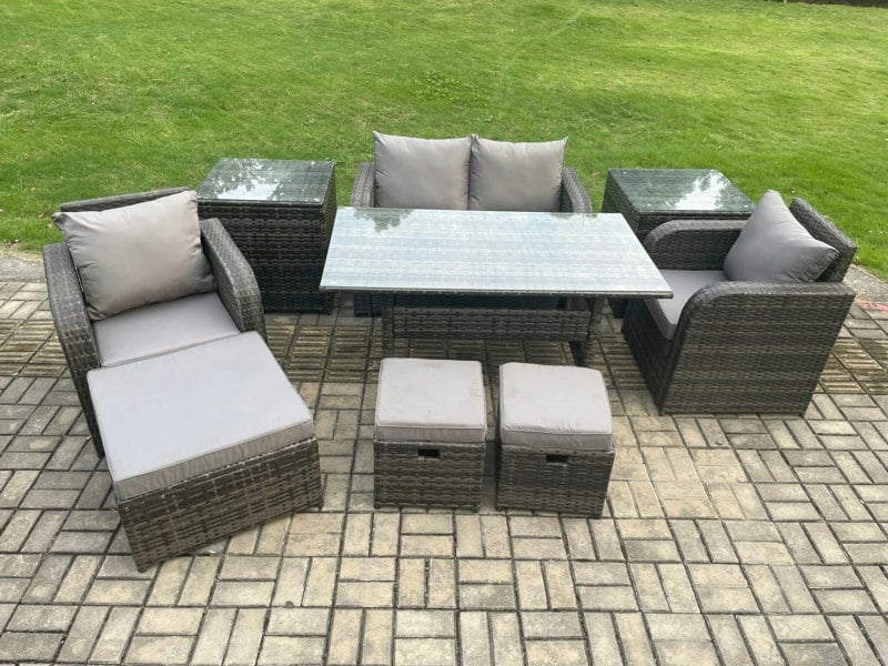 Fimous Rattan Outdoor Garden Furniture Set Rectangular Dining Table and Chair Sofa Set With 2 Side Tables 3 Footstools Dark Grey Mixed