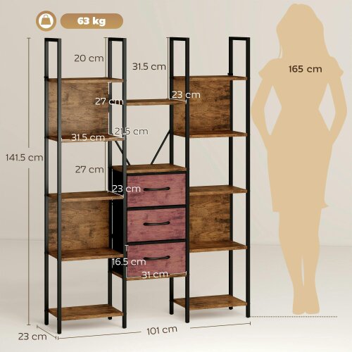 HOMCOM 5-Tier Bookcase with Open Shelves Drawers, Rustic Brown