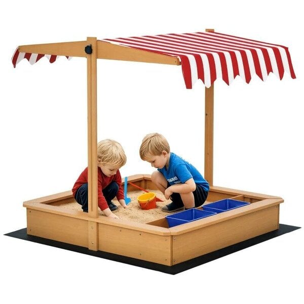 Bobobiy Sand Pit Kids Wooden Sandbox - Children Sandpit Play Station Height Adjustable - Canopy, Bottom Liner, Plastic Basins, Outdoor Aged 3-7 Years